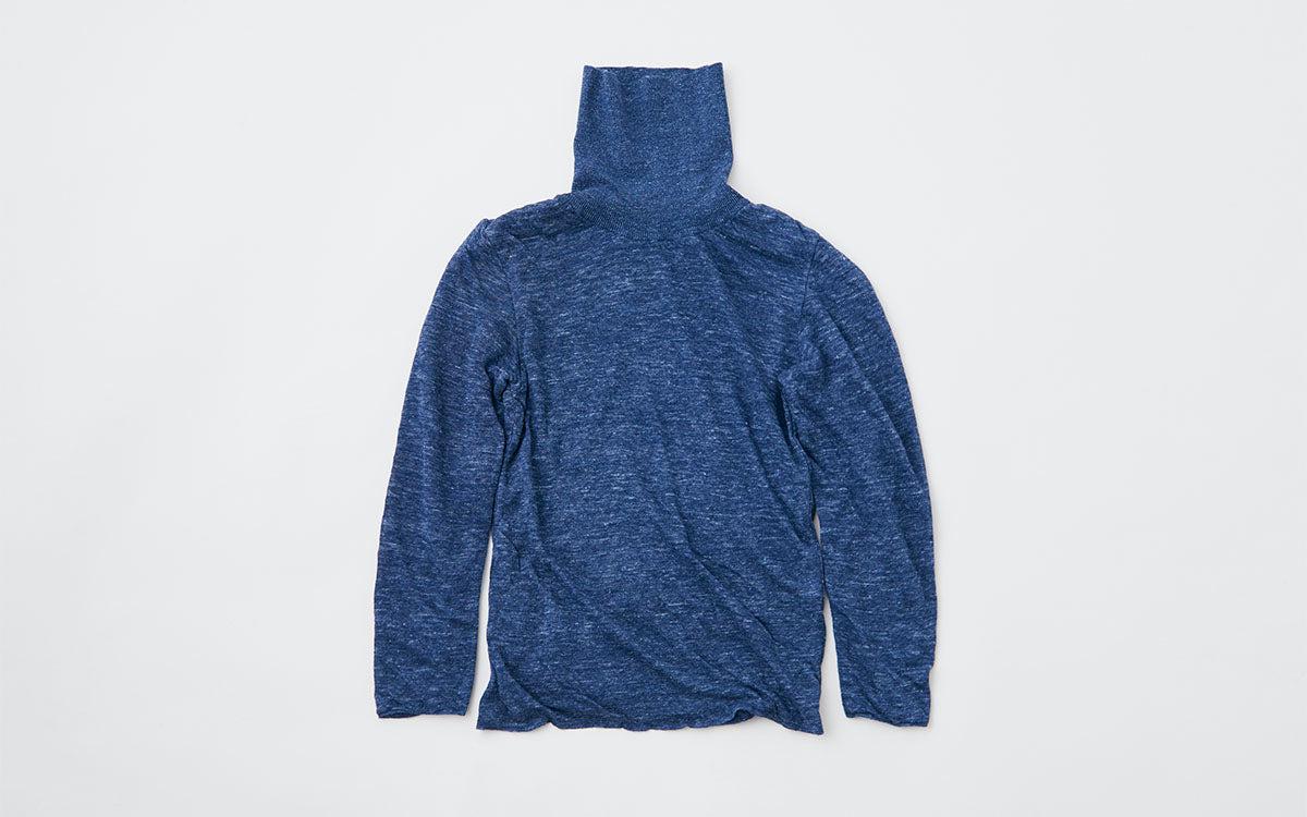 リネンニット タートルネック長袖二重プルオーバー｜レディース｜ネイビー